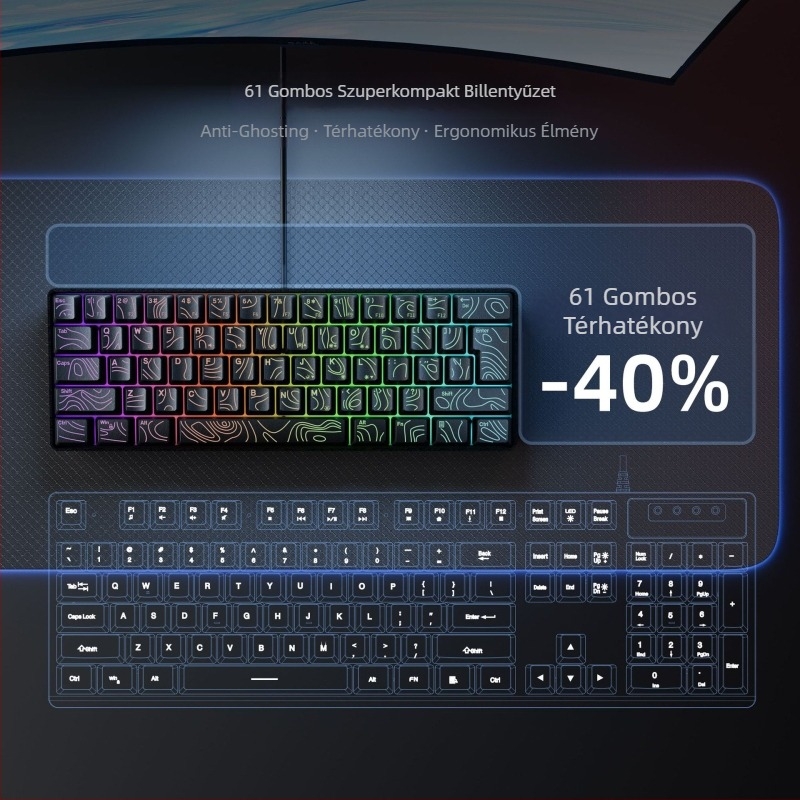 Membrán billentyűzet RGB háttérvilágítással, legfeljebb 87 billentyű, vezetékes, ABS anyag