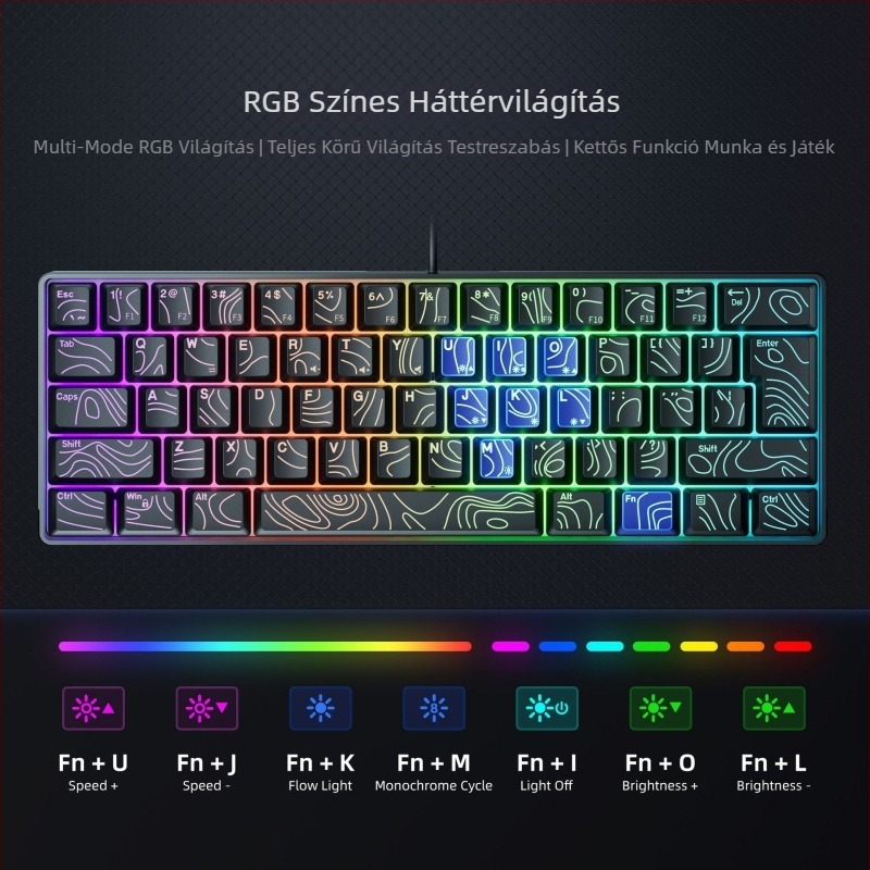 Membrán billentyűzet RGB háttérvilágítással, legfeljebb 87 billentyű, vezetékes, ABS anyag