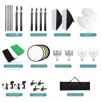 Photography soft light box set – Kalin professzionális fotókészlet – softbox, stúdiófolyamatos világítás, háttérkeret és ernyőlámpa; súly 8 kg