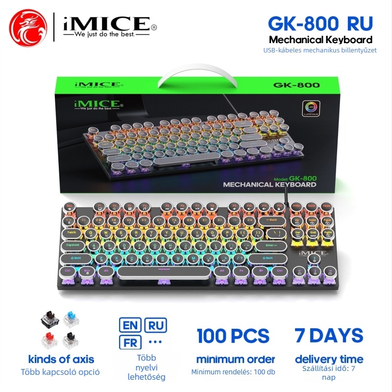 Mechanikus billentyűzet GK-800, 87 gomb, USB-kábel, RGB háttérvilágítás, zöld/piros/tea tengelyű kapcsolók