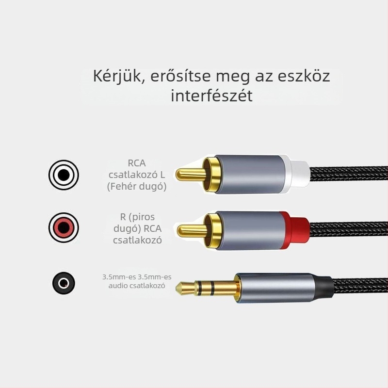 Hangkábel 3,5mm-2RCA, aranyozott réz maggal, csupasz réz vezető, digitális eszközökhöz