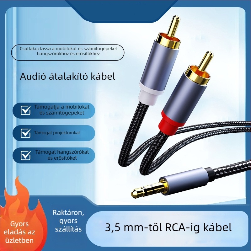 Hangkábel 3,5mm-2RCA, aranyozott réz maggal, csupasz réz vezető, digitális eszközökhöz