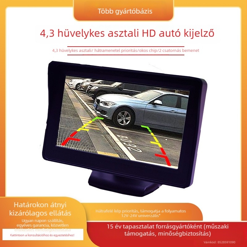 Autóvisszafordító kijelző LCD‑képernyővel, 480x272 felbontás, AV bemenet, hátrameneti kamera mellékelve
