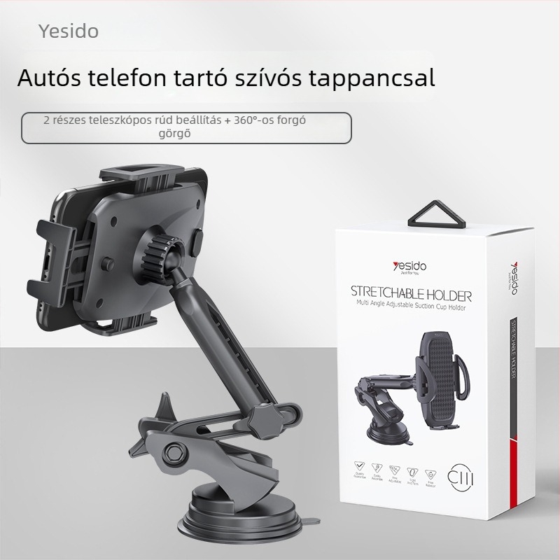 Yesido Lazy Man autótelefon-tartó vákuumos rögzítővel, forgó kettős rúd kialakítással, teleszkópos kar, ABS és szilikon anyag, testreszabási lehetőség