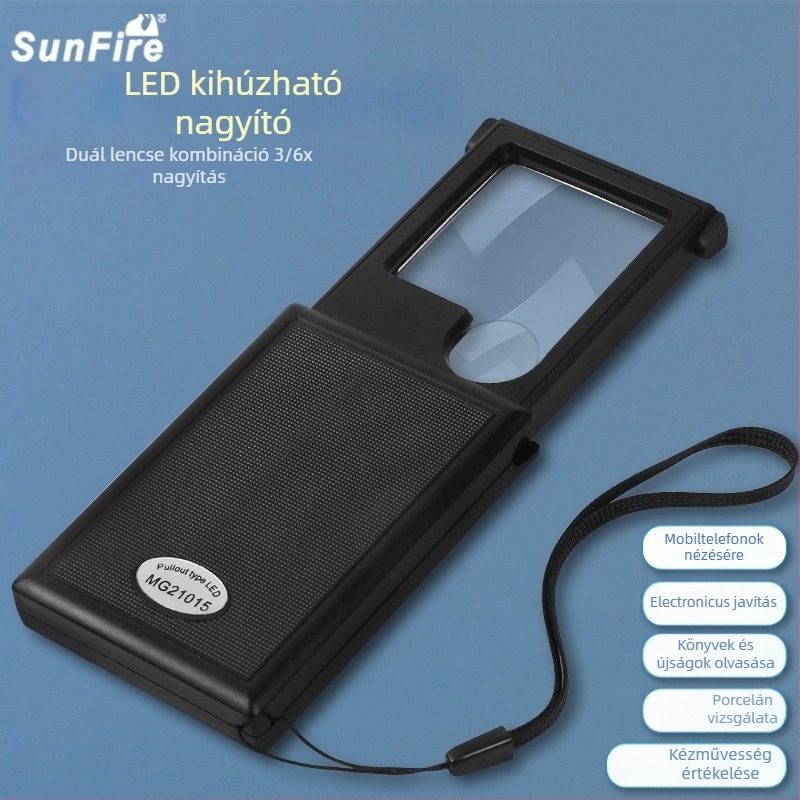 Sun fire kihúzható kézi olvasó nagyító LED világítással, 3x/6x nagyítás, idős korosztálynak, utazáshoz könnyen hordozható, modell 21015