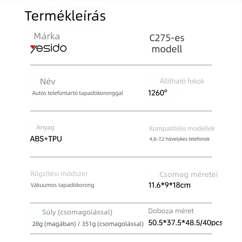 Yesido Asztali telefon-tartó szívófejes, univerzális teherautókhoz és nagy járművekhez, teleszkópos és forgatható, többfunkciós