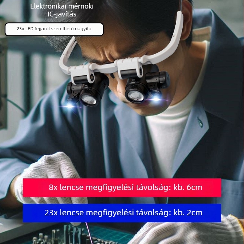 LED fejre szerelhető nagyító szemüveg, 23x, javításhoz és elektronikai feladatokhoz, kézi gravírozás — Modell 9892H-1, Márka Byster