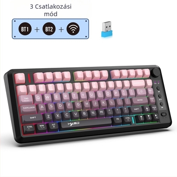 81–gombos membrános gamer billentyűzet három módú vezeték nélküli kapcsolattal, ABS lézergravírozott billentyűfedőkkel, töltésre képes RGB háttérvilágítással