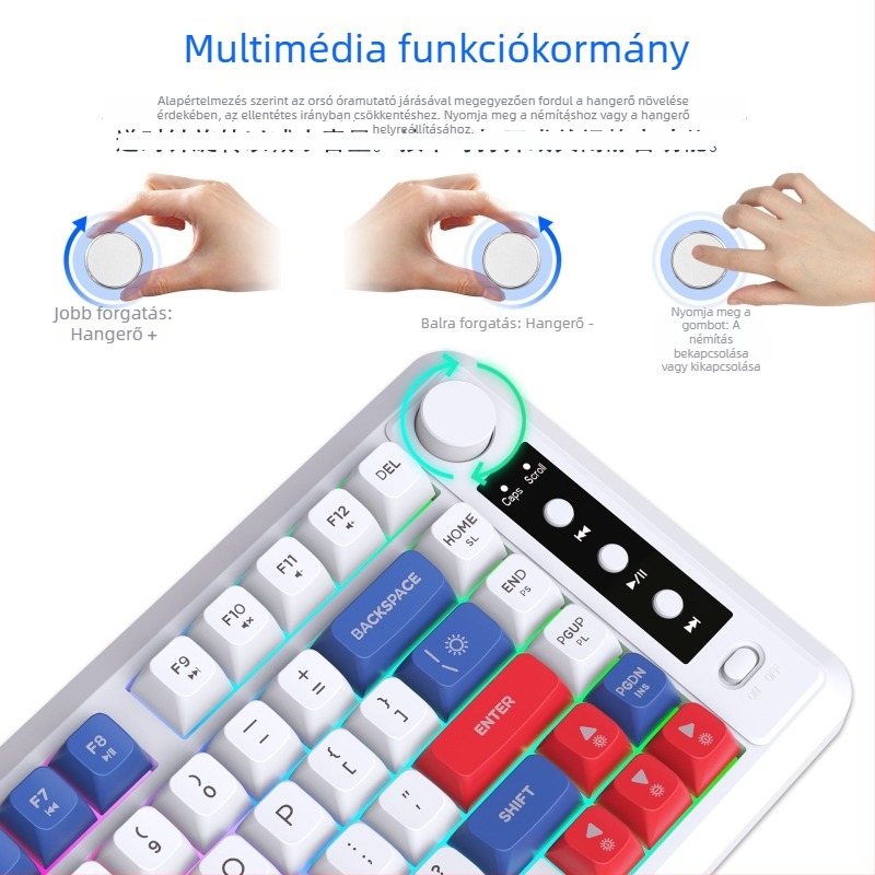 81–gombos membrános gamer billentyűzet három módú vezeték nélküli kapcsolattal, ABS lézergravírozott billentyűfedőkkel, töltésre képes RGB háttérvilágítással
