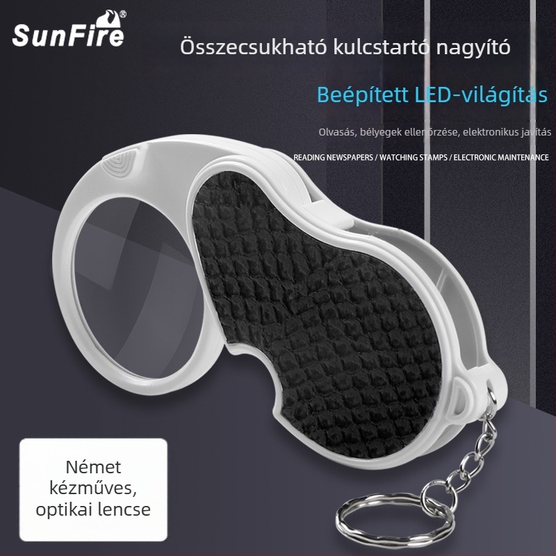 5x összecsukható kulcstartó nagyító 2 LED-del – idősek olvasásához és utazáshoz