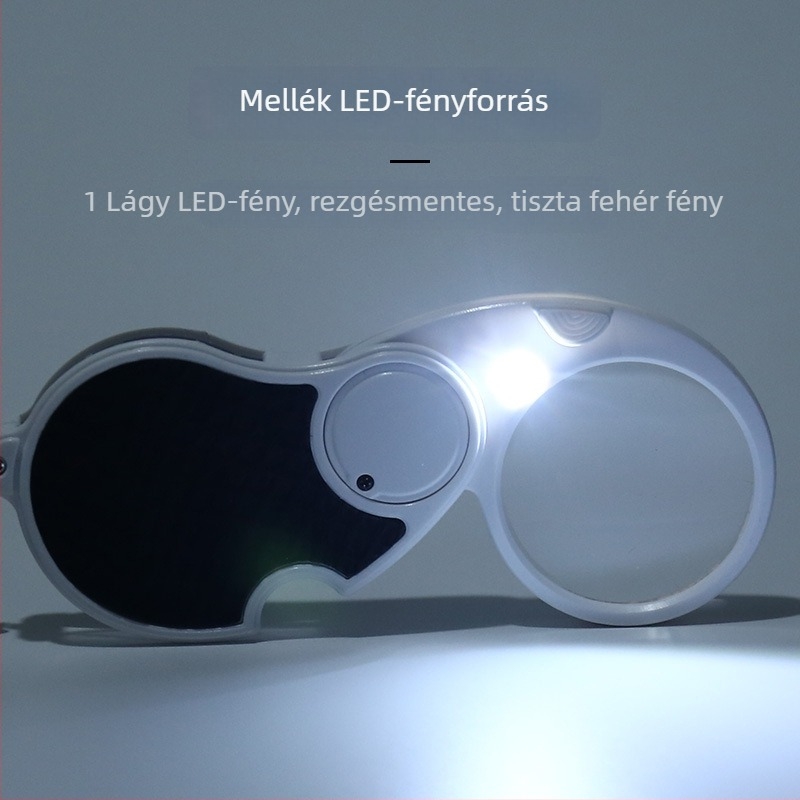 5x összecsukható kulcstartó nagyító 2 LED-del – idősek olvasásához és utazáshoz