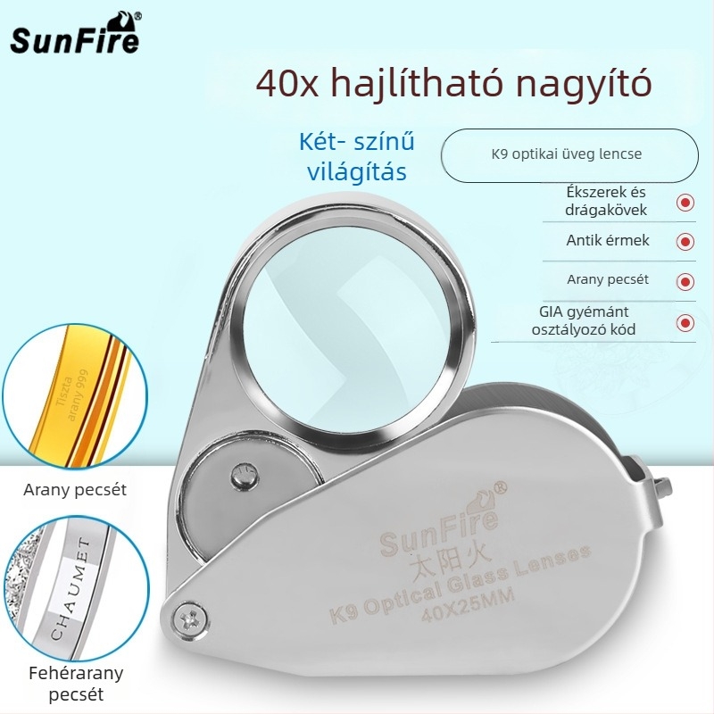 Sun Fire 40x Összecsukható nagyító K9 üveggel az ókori jade és érmék azonosítására