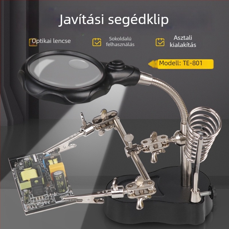 Asztali nagyító lencse klipszes tartóval és LED világítással PCB javításra és forrasztásra