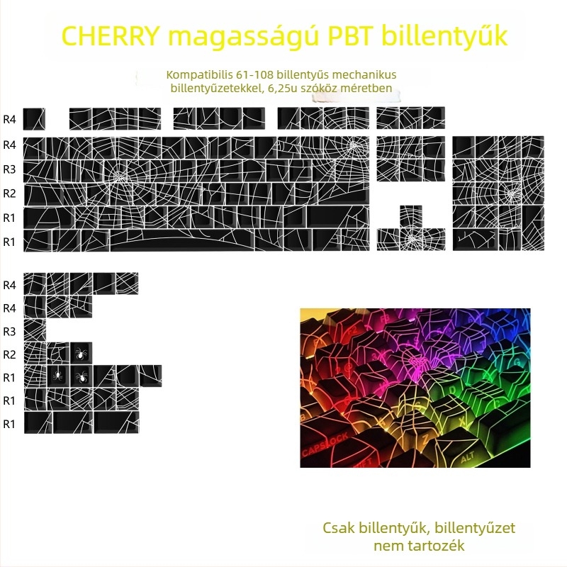 PBT gombkészlet mechanikus billentyűzethez, Cherry eredeti magasságú profil, oldalsó gravírozás, szublimációs nyomtatás, 130 gomb