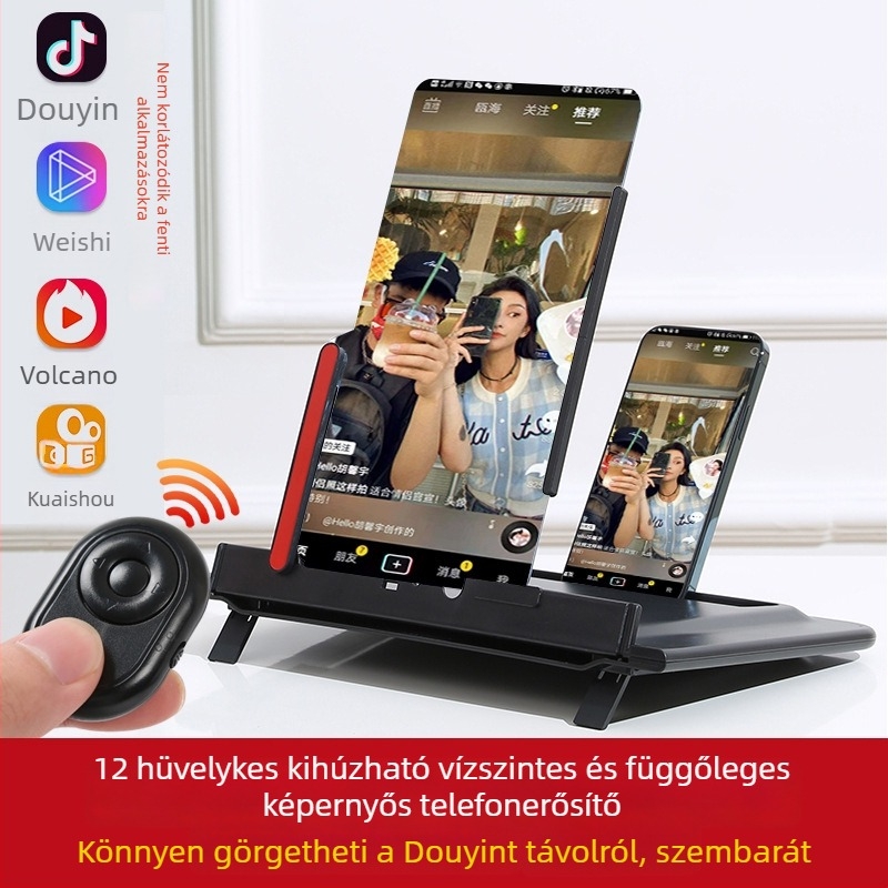 12 hüvelykes kihúzható telefonképernyő-nagyító, vízszintes/függőleges nézethez, állvánnyal