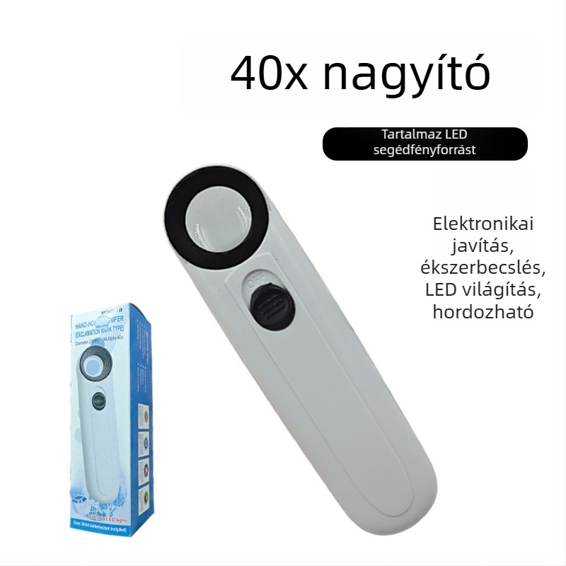 Ékszer nagyító 40x, kézben tartható, kettős LED világítás, műanyag test és akril lencse, modell 6B-1B