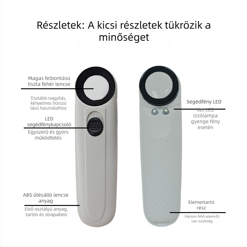 Ékszer nagyító 40x, kézben tartható, kettős LED világítás, műanyag test és akril lencse, modell 6B-1B