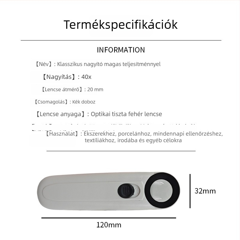 Ékszer nagyító 40x, kézben tartható, kettős LED világítás, műanyag test és akril lencse, modell 6B-1B