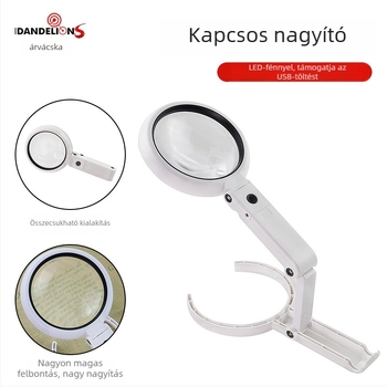 Összecsukható kézi nagyító, 8 LED világítás, USB-tápellátás, 10x nagyítás, HD olvasás