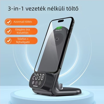 Vezeték nélküli asztali töltő 3 az 1-ben digitális órával és Bluetooth fülhallgató töltővel — 15W Qi, QC3.0, 9V/1.6A, teljes teljesítmény 20W
