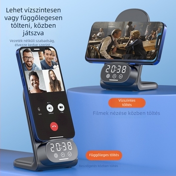 Vezeték nélküli asztali töltő 3 az 1-ben digitális órával és Bluetooth fülhallgató töltővel — 15W Qi, QC3.0, 9V/1.6A, teljes teljesítmény 20W