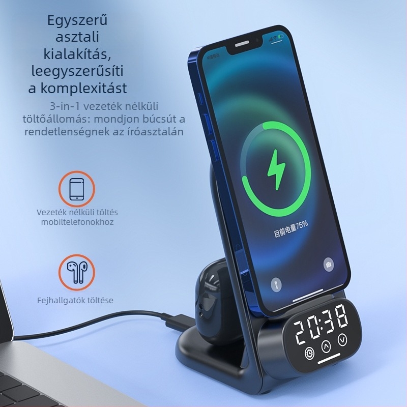 Vezeték nélküli asztali töltő 3 az 1-ben digitális órával és Bluetooth fülhallgató töltővel — 15W Qi, QC3.0, 9V/1.6A, teljes teljesítmény 20W