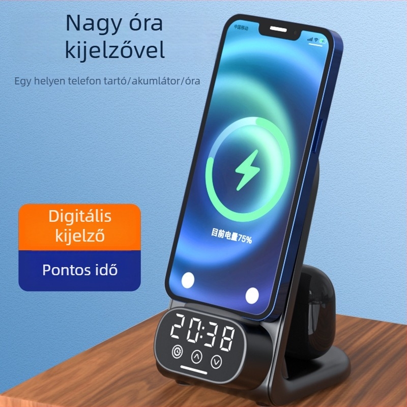 Vezeték nélküli asztali töltő 3 az 1-ben digitális órával és Bluetooth fülhallgató töltővel — 15W Qi, QC3.0, 9V/1.6A, teljes teljesítmény 20W