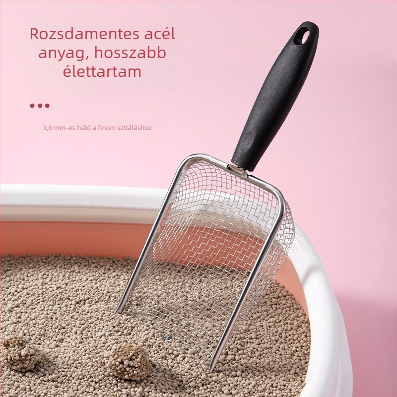 Macskaalomhoz fin lyukú lapát, tartós fémszerkezet
