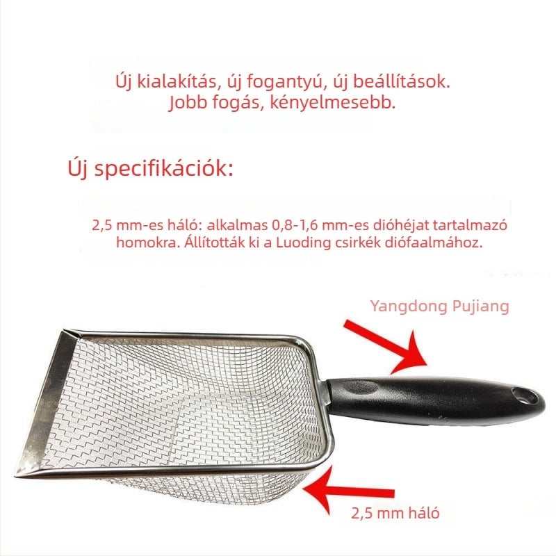 Macskaalomhoz fin lyukú lapát, tartós fémszerkezet
