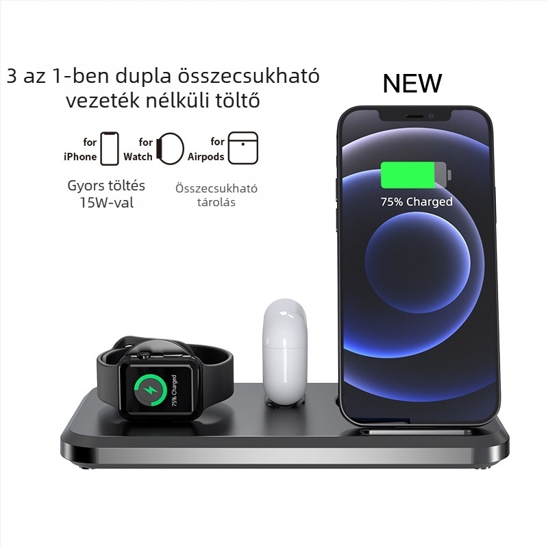 Asztali 3 az 1-ben vezeték nélküli töltő, összecsukható, 15W gyors töltés telefonhoz, 5W fejhallgatóhoz, 2,5W órához