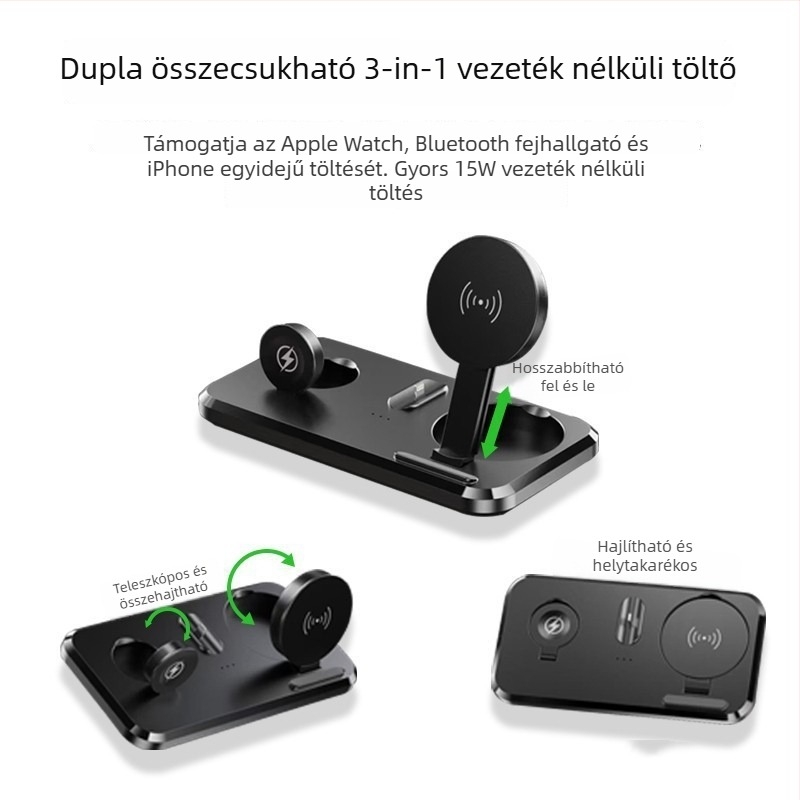 Asztali 3 az 1-ben vezeték nélküli töltő, összecsukható, 15W gyors töltés telefonhoz, 5W fejhallgatóhoz, 2,5W órához