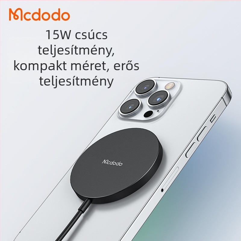 MCDODO mágneses vezeték nélküli töltő MagSafe-hez — max 15W, PD gyors töltés, MagSafe-kompatibilis, kimeneti üzemmódok 15W/10W/7.5W/5W