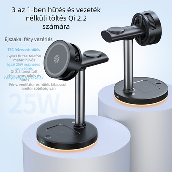 Qi2.2 Függőleges négy‑az‑egyben mágneses vezeték nélküli töltőállvány félvezető hűtéssel — Max 25W, 9V2A, QC 3.0, Digitális kijelző, 5W/7.5W/10W/15W/25W