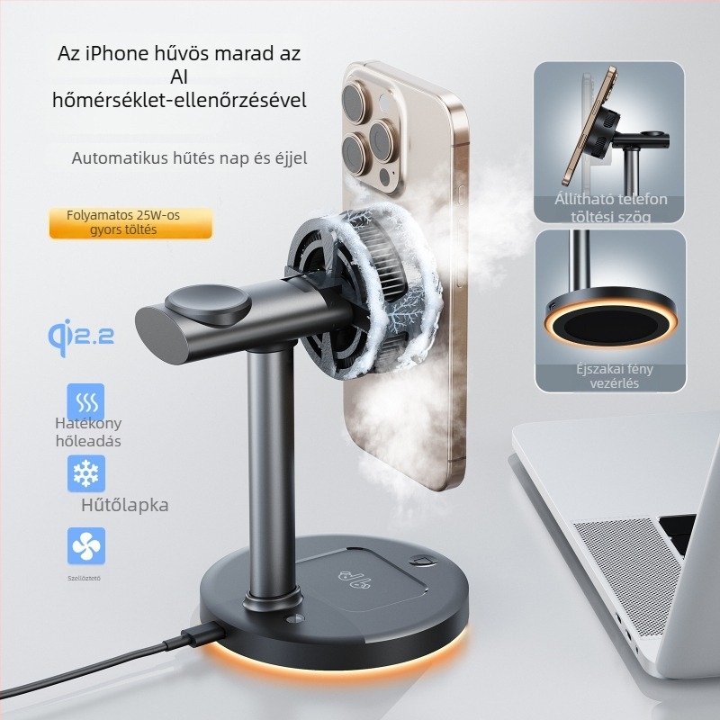 Qi2.2 Függőleges négy‑az‑egyben mágneses vezeték nélküli töltőállvány félvezető hűtéssel — Max 25W, 9V2A, QC 3.0, Digitális kijelző, 5W/7.5W/10W/15W/25W