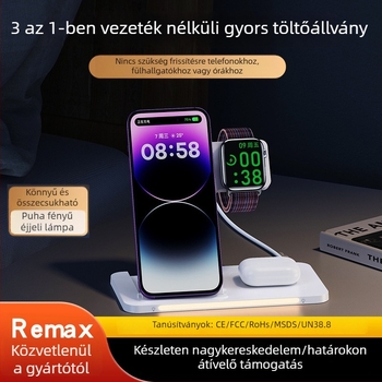Remax asztali 3‑in‑1 mágneses vezeték nélküli töltő állvány telefonra, órára és fülhallgatóra (RB-W70) – PD, mágneses töltés, 22W, 3A, összecsukható
