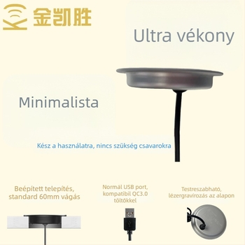 Beépített alumínium ötvözetű vezeték nélküli töltő – 15W gyors töltés, QC3.0, 60 mm Ø nyílás bútorhoz, alumínium ház
