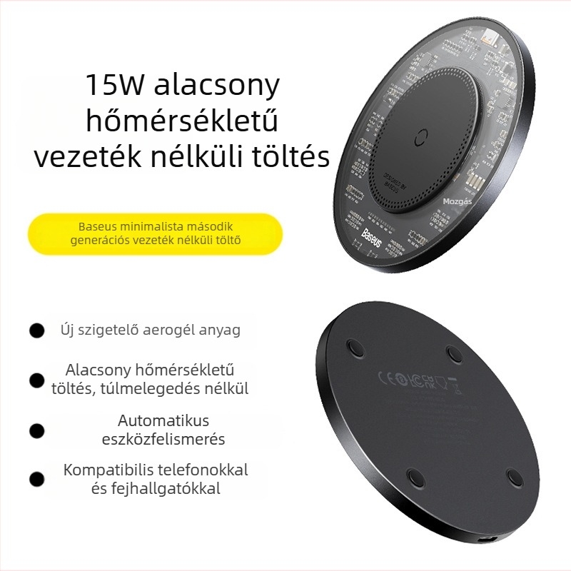 Baseus második generációs minimalist vezeték nélküli töltő 15W, asztali gyorstöltés, mágneses töltés támogatott, QC3.0 kompatibilis, alacsony hőmérsékletű töltés