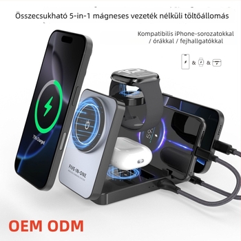 5 az 1-ben mágneses vezeték nélküli töltő összecsukható állvánnyal, QC3.0 Gyors Töltés, Teljes Teljesítmény 40W, Kimenet 3A, Mágneses Töltés iPhone/iPad/Apple Watch számára
