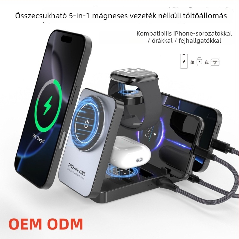 5 az 1-ben mágneses vezeték nélküli töltő összecsukható állvánnyal, QC3.0 Gyors Töltés, Teljes Teljesítmény 40W, Kimenet 3A, Mágneses Töltés iPhone/iPad/Apple Watch számára
