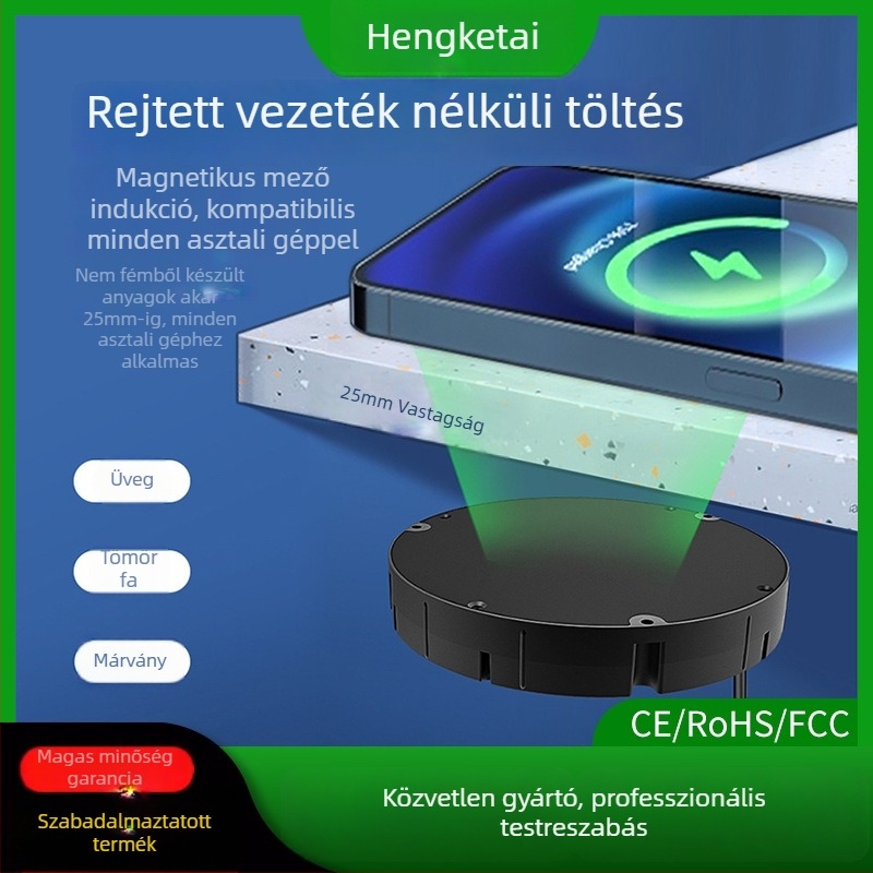 Rejtett vezeték nélküli töltő fahasábos asztalba építve, 10W QC3.0