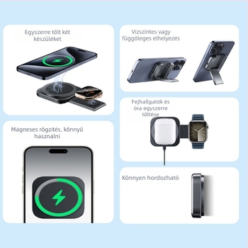 Összecsukható asztali 3-in-1 vezeték nélküli töltő mágneses töltéssel Apple Watch-hoz, hordozható tartó, PD gyors töltés 15W