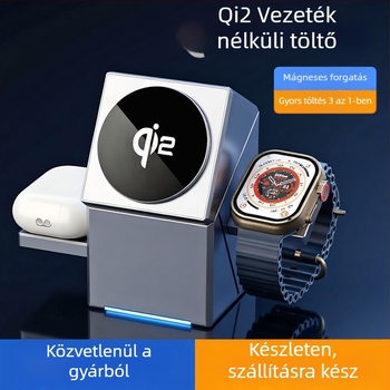 Qi2 forgó 3-in-1 vezeték nélküli töltő mágneses alappal, Apple Watch és okostelefonokhoz – gyors töltés 15W-ig