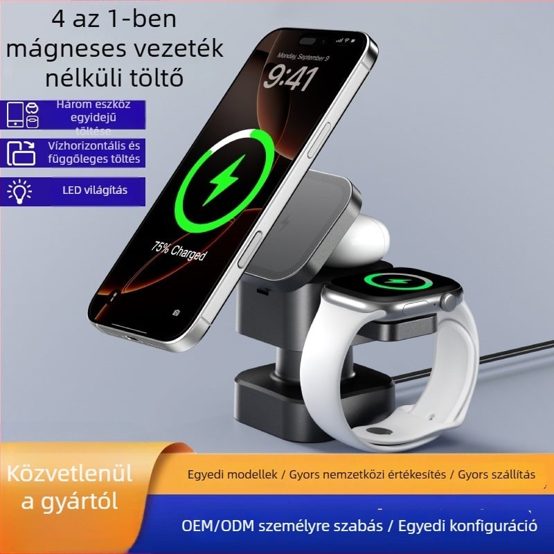 Jiujiu 4-in-1 MagSafe Vezeték nélküli Töltő iPhone-ra, Fülhallgatók és Apple Watch-hoz – mágneses töltés, egyszerre töltés telefonra/óra/fülhallgatóra, összecsukható kialakítás, 15W kimenet