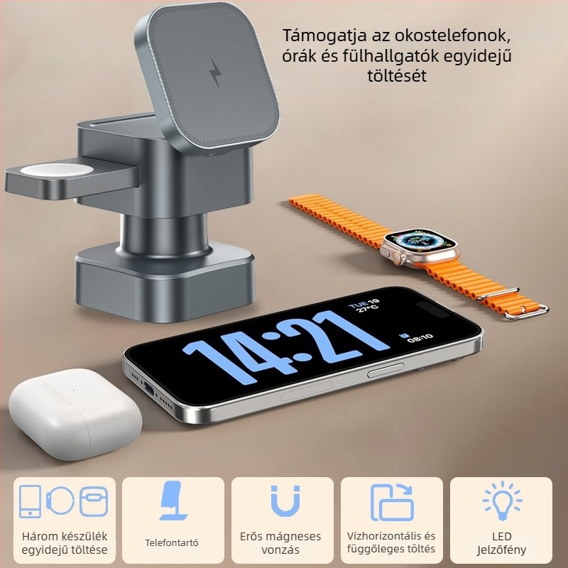 Jiujiu 4-in-1 MagSafe Vezeték nélküli Töltő iPhone-ra, Fülhallgatók és Apple Watch-hoz – mágneses töltés, egyszerre töltés telefonra/óra/fülhallgatóra, összecsukható kialakítás, 15W kimenet