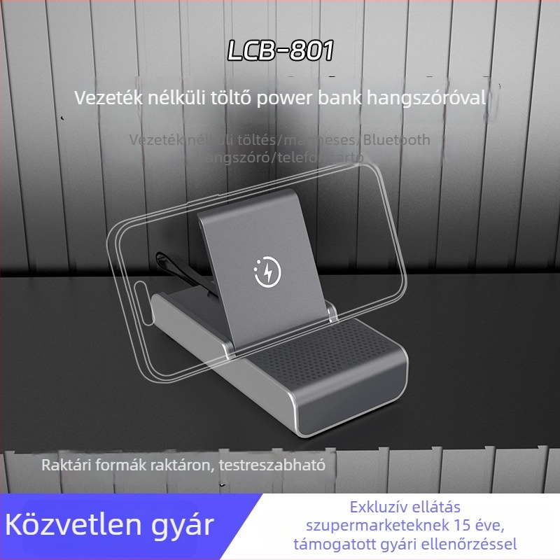 Személyre szabható vezeték nélküli töltő power bank Bluetooth hangszóróval, 3 az 1-ben PD gyorstöltés, telefon tartó, USB interfész, Li-Po akkumulátor, 2,5 A