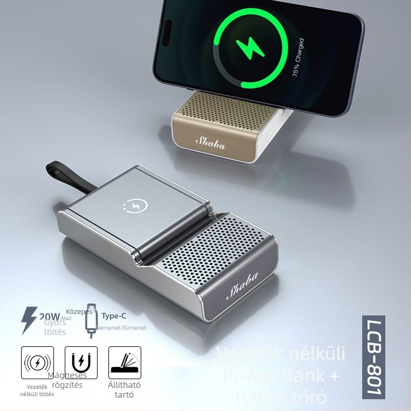 Személyre szabható vezeték nélküli töltő power bank Bluetooth hangszóróval, 3 az 1-ben PD gyorstöltés, telefon tartó, USB interfész, Li-Po akkumulátor, 2,5 A