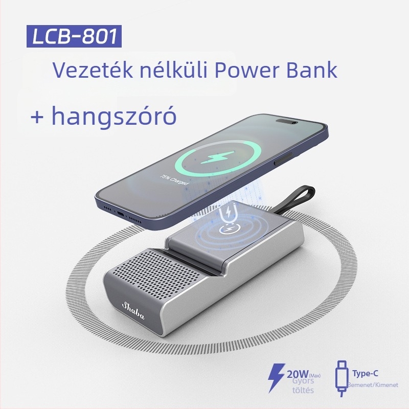 Személyre szabható vezeték nélküli töltő power bank Bluetooth hangszóróval, 3 az 1-ben PD gyorstöltés, telefon tartó, USB interfész, Li-Po akkumulátor, 2,5 A