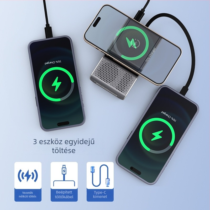 Személyre szabható vezeték nélküli töltő power bank Bluetooth hangszóróval, 3 az 1-ben PD gyorstöltés, telefon tartó, USB interfész, Li-Po akkumulátor, 2,5 A