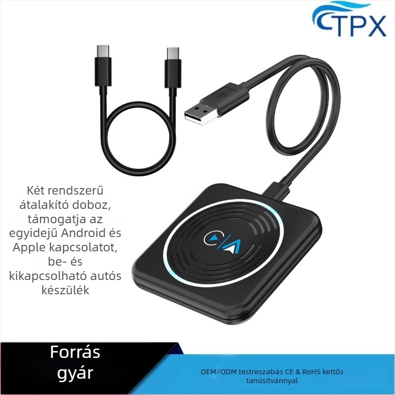 Vezeték nélküli CarPlay-átalakító, Android Auto-kompatibilis; lehetővé teszi az Android és iOS egyidejű csatlakoztatását; 8-magos CPU, 1GB RAM, 16GB ROM, USB-C/USB interfész