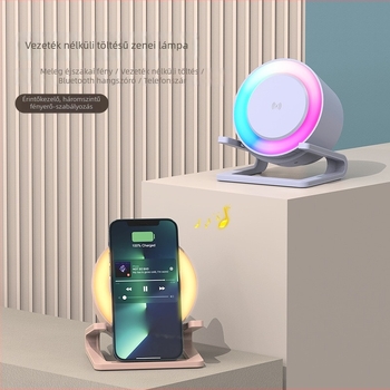 Bluetooth hangsugárzó 15W vezeték nélküli töltővel, 5W hangkimenet, QC3.0 gyorstöltés, RGB környezeti világítás, 3 szintű éjszakai fény